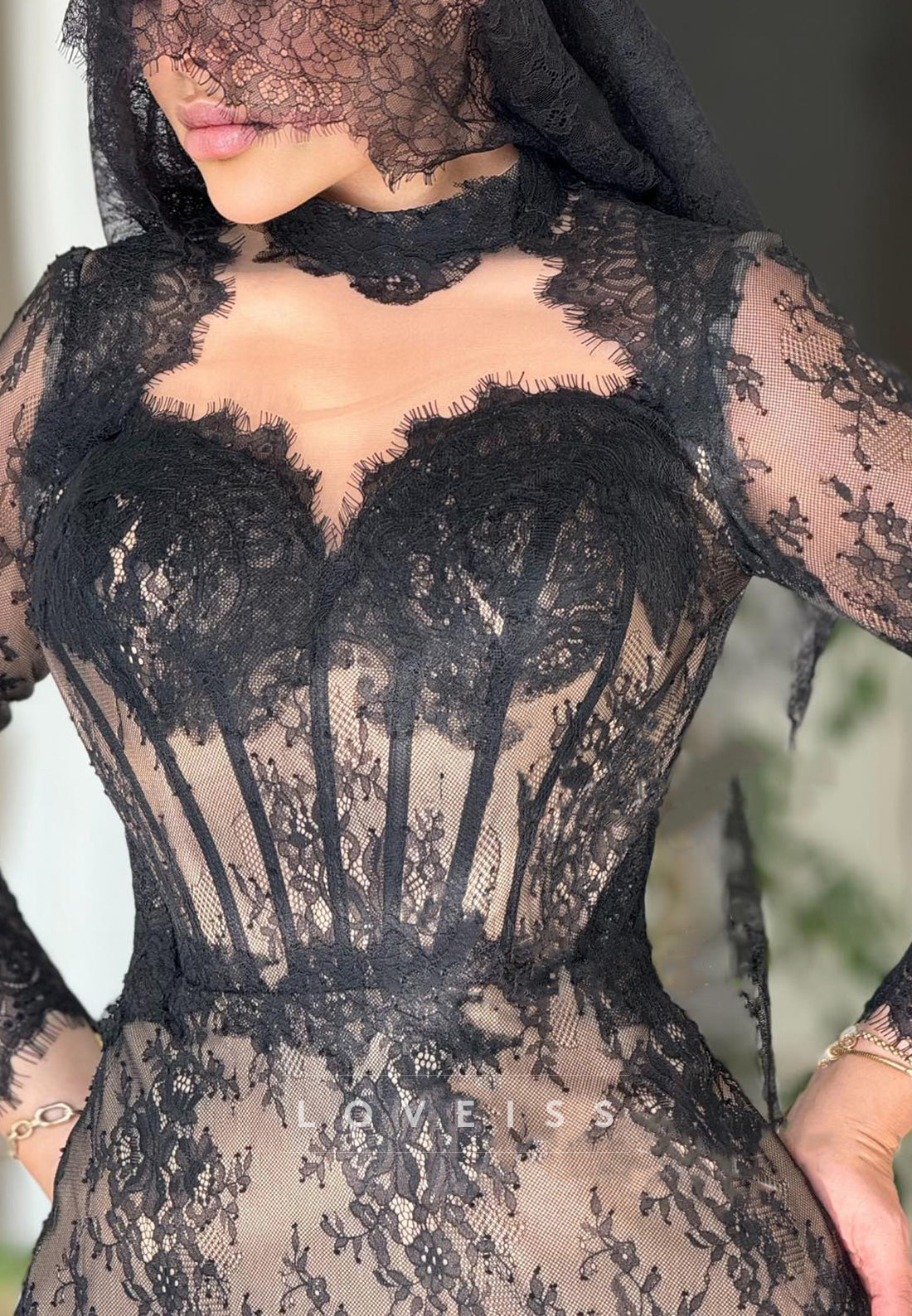 Sweetheart Long Sleeves Lace Appliques Mermaid Evening Dress