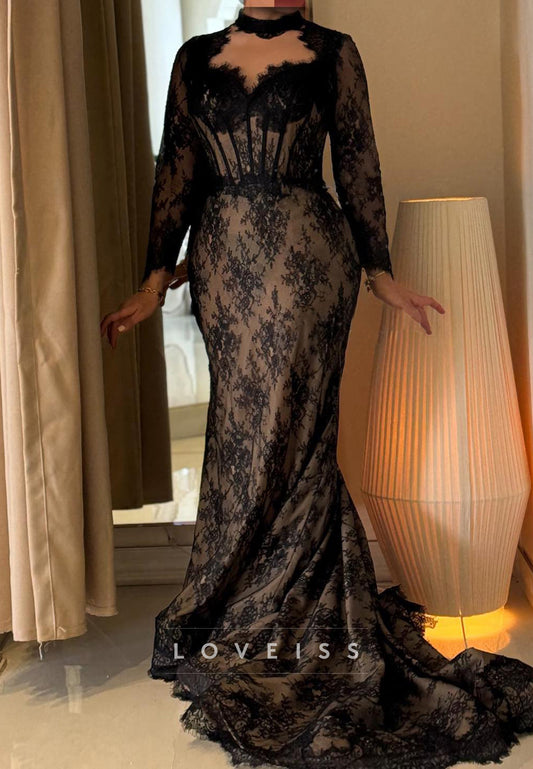 Sweetheart Long Sleeves Lace Appliques Mermaid Evening Dress