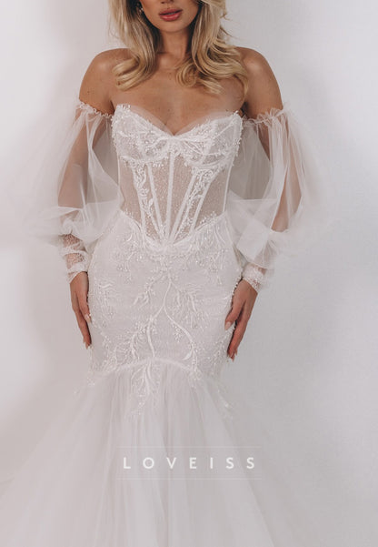 Sweetheart Long Sleeves Lace Appliques Mermaid Wedding Dress