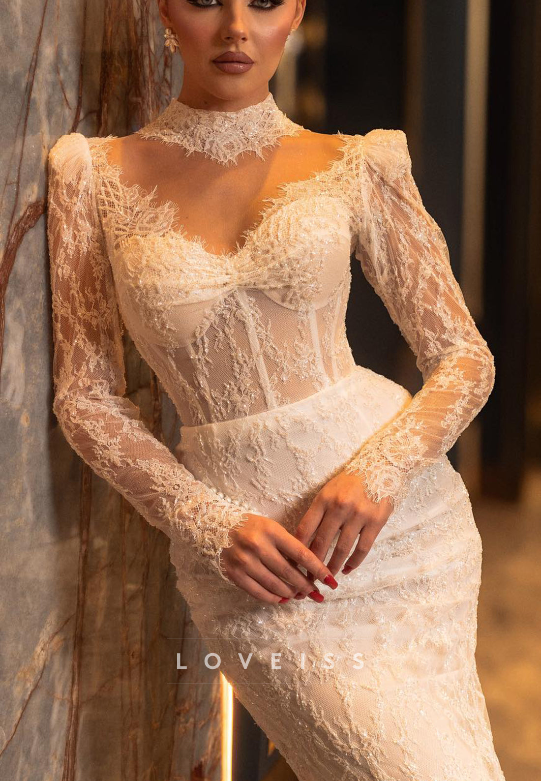Sweetheart Long Sleeves Lace Appliques Mermaid Wedding Dress