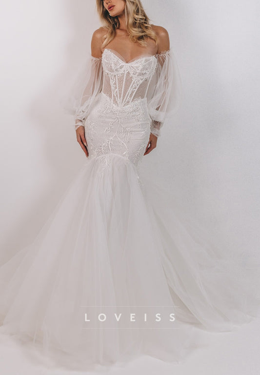 Sweetheart Long Sleeves Lace Appliques Mermaid Wedding Dress