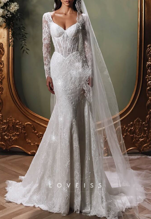 Sweetheart Long Sleeves Lace Appliques Mermaid Wedding Dress