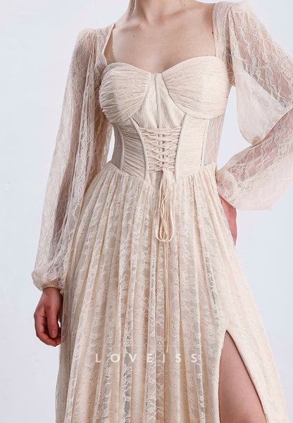 Sweetheart Long Sleeves Lace Appliques Pleated A-Line Prom Dress
