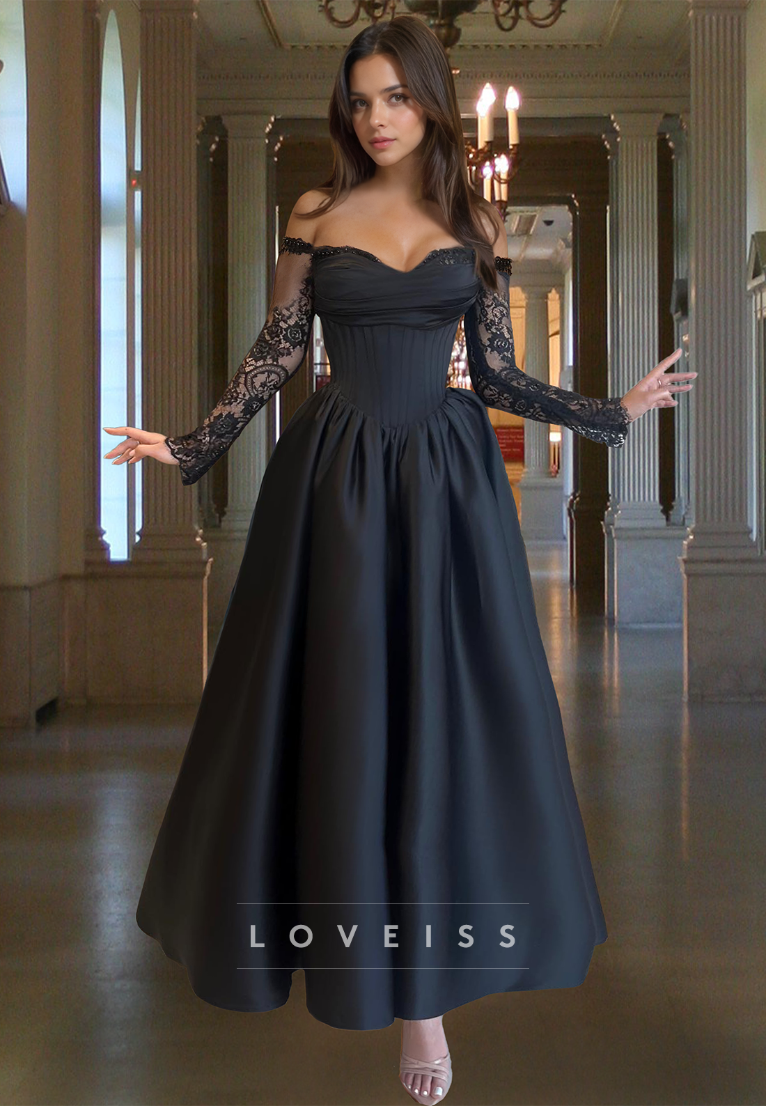 Sweetheart Long Sleeves Lace Appliques Pleated A-Line Prom Dress