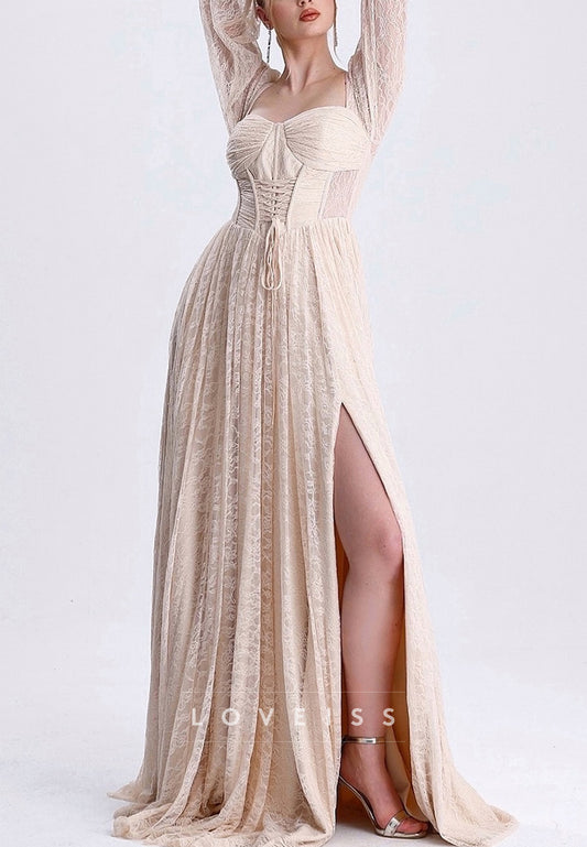Sweetheart Long Sleeves Lace Appliques Pleated A-Line Prom Dress