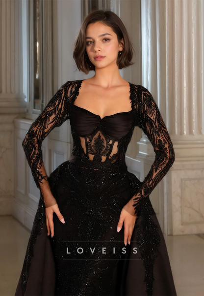 Sweetheart Long Sleeves Lace Appliques Sequins Mermaid Prom Dress