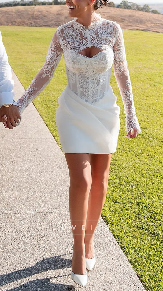 Sweetheart Long Sleeves Lace Appliques Sheath Short Wedding Dress