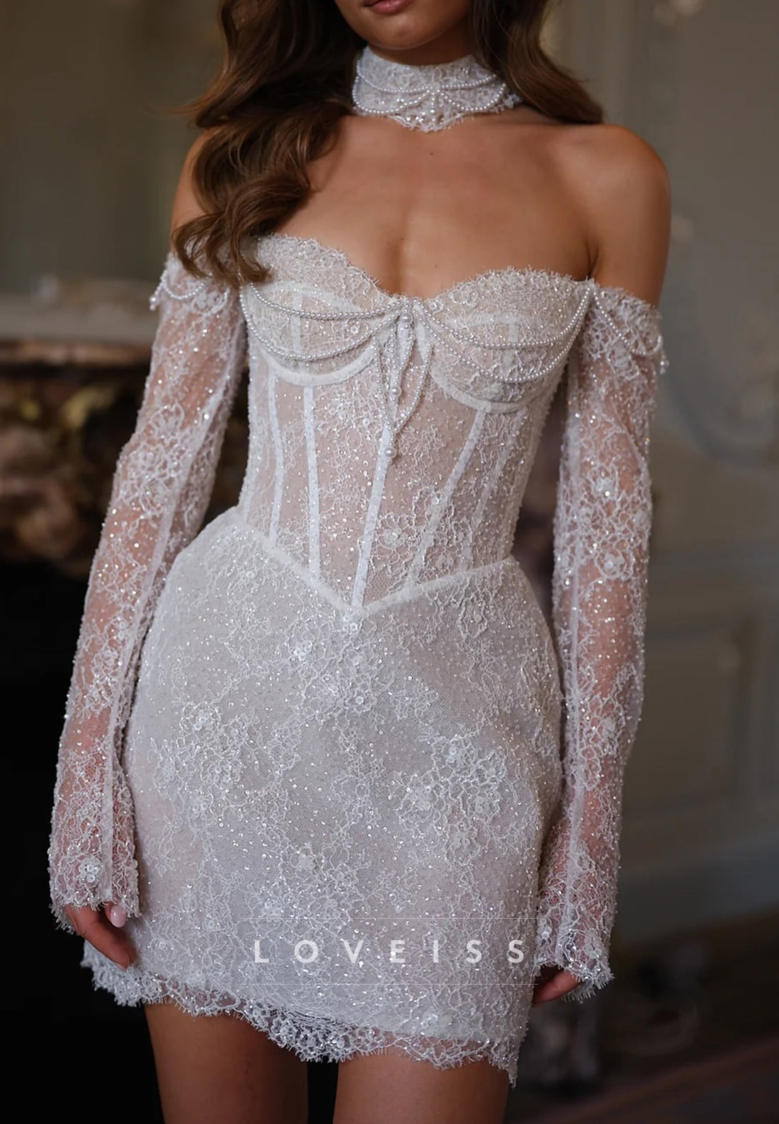 Sweetheart Long Sleeves Lace Appliques Short Sheath Wedding Dress