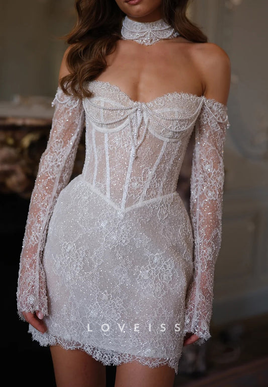 Sweetheart Long Sleeves Lace Appliques Short Sheath Wedding Dress