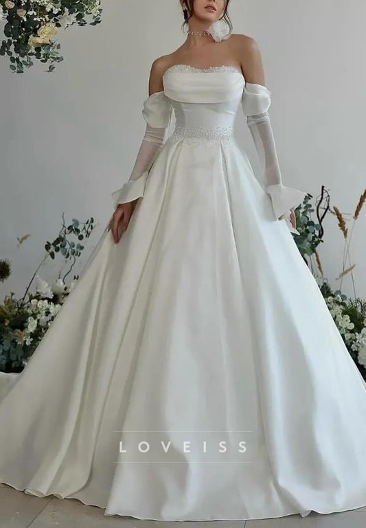 Sweetheart Long Sleeves Pearl A-Line Satin Wedding Dress