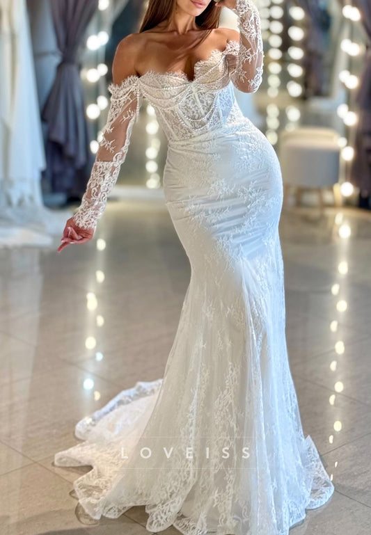 Sweetheart Long Sleeves Pearl Lace Appliques Mermaid Wedding Dress