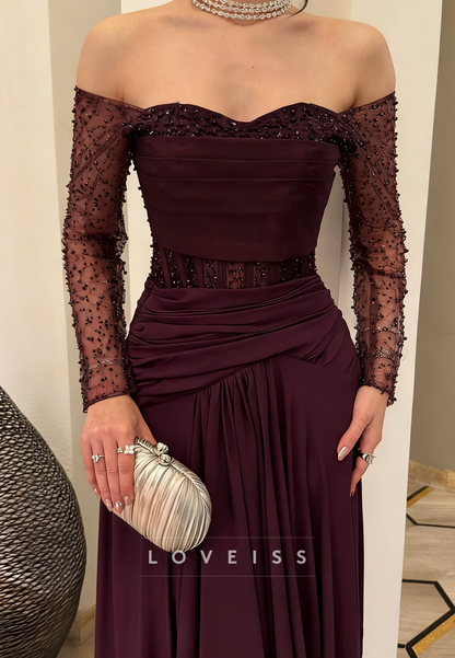 Sweetheart Long Sleeves Pleated Ruched A-Line Evening Dress