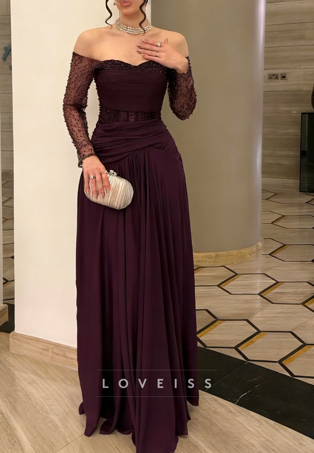 Sweetheart Long Sleeves Pleated Ruched A-Line Evening Dress