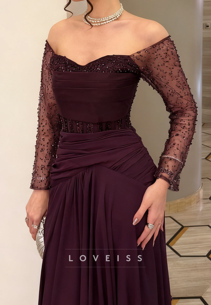 Sweetheart Long Sleeves Pleated Ruched A-Line Evening Dress