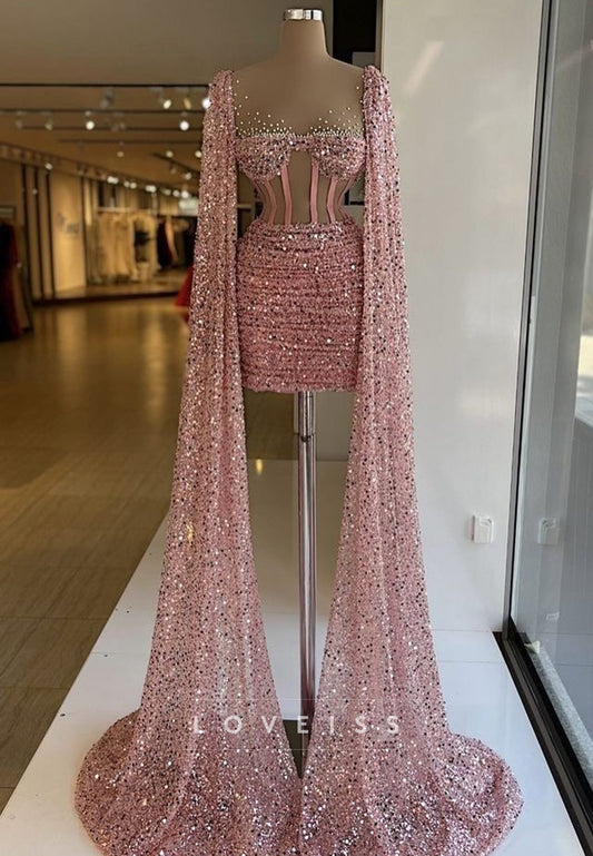 Sweetheart Long Sleeves Pleated Sequins Sheath Party Homecoming Dress