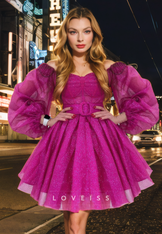 Sweetheart Long Sleeves Pleated Tulle A-Line Short Homecoming Dress