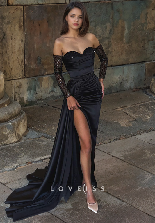 Sweetheart Long Sleeves Ruched High Slit Prom Dress