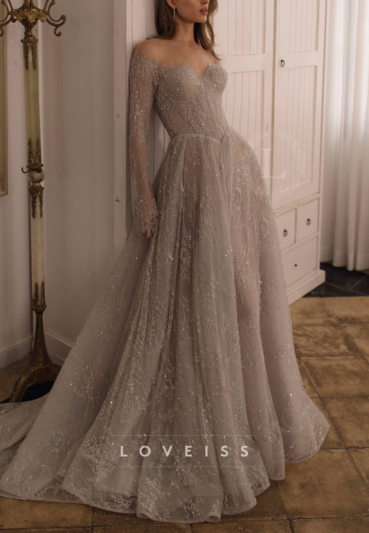 Sweetheart Long Sleeves Sequins Appliques A-Line Prom Dress