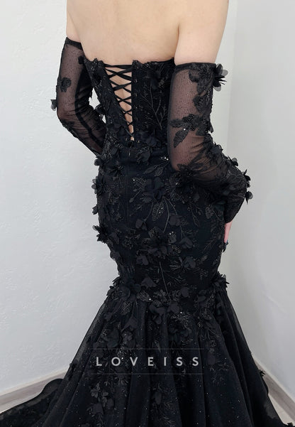 Sweetheart Long Sleeves Sequins Appliques Mermaid Black Wedding Dress