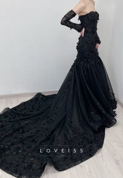 Sweetheart Long Sleeves Sequins Appliques Mermaid Black Wedding Dress