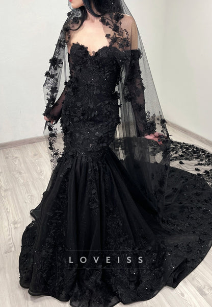 Sweetheart Long Sleeves Sequins Appliques Mermaid Black Wedding Dress