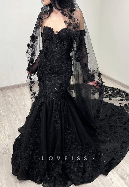 Sweetheart Long Sleeves Sequins Appliques Mermaid Black Wedding Dress
