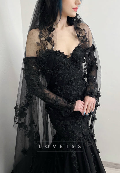 Sweetheart Long Sleeves Sequins Appliques Mermaid Black Wedding Dress