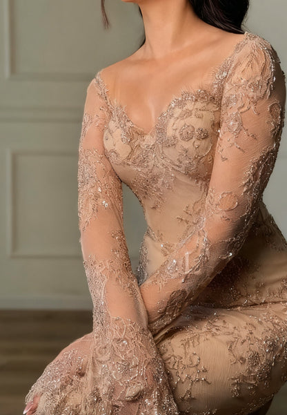 Sweetheart Long Sleeves Sequins Appliques Mermaid Evening Dress