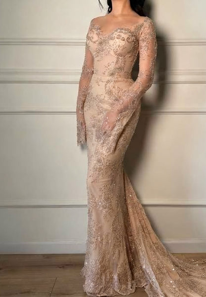 Sweetheart Long Sleeves Sequins Appliques Mermaid Evening Dress