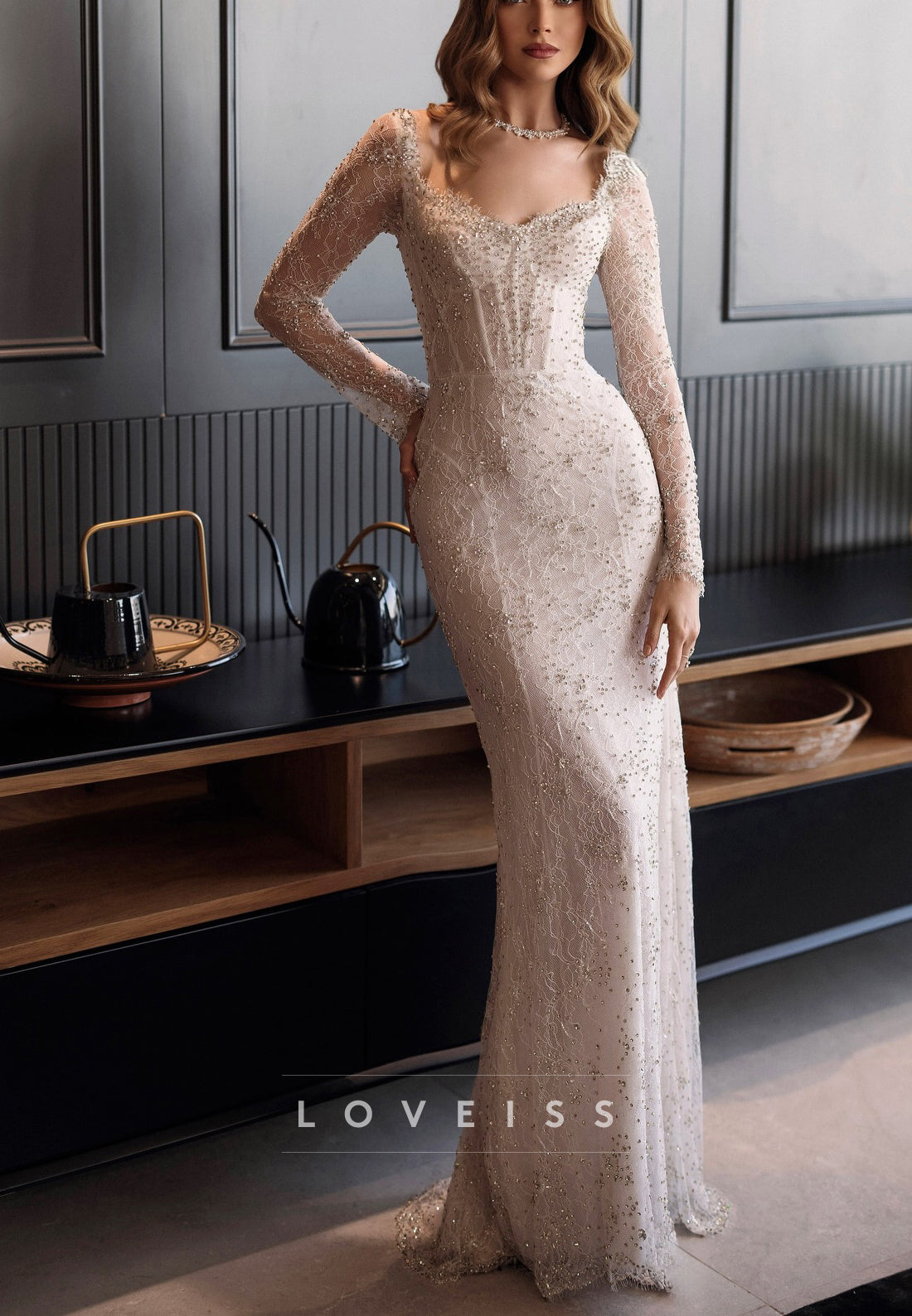 Sweetheart Long Sleeves Sequins Appliques Mermaid Wedding Dress