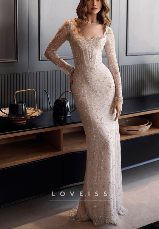 Sweetheart Long Sleeves Sequins Appliques Mermaid Wedding Dress