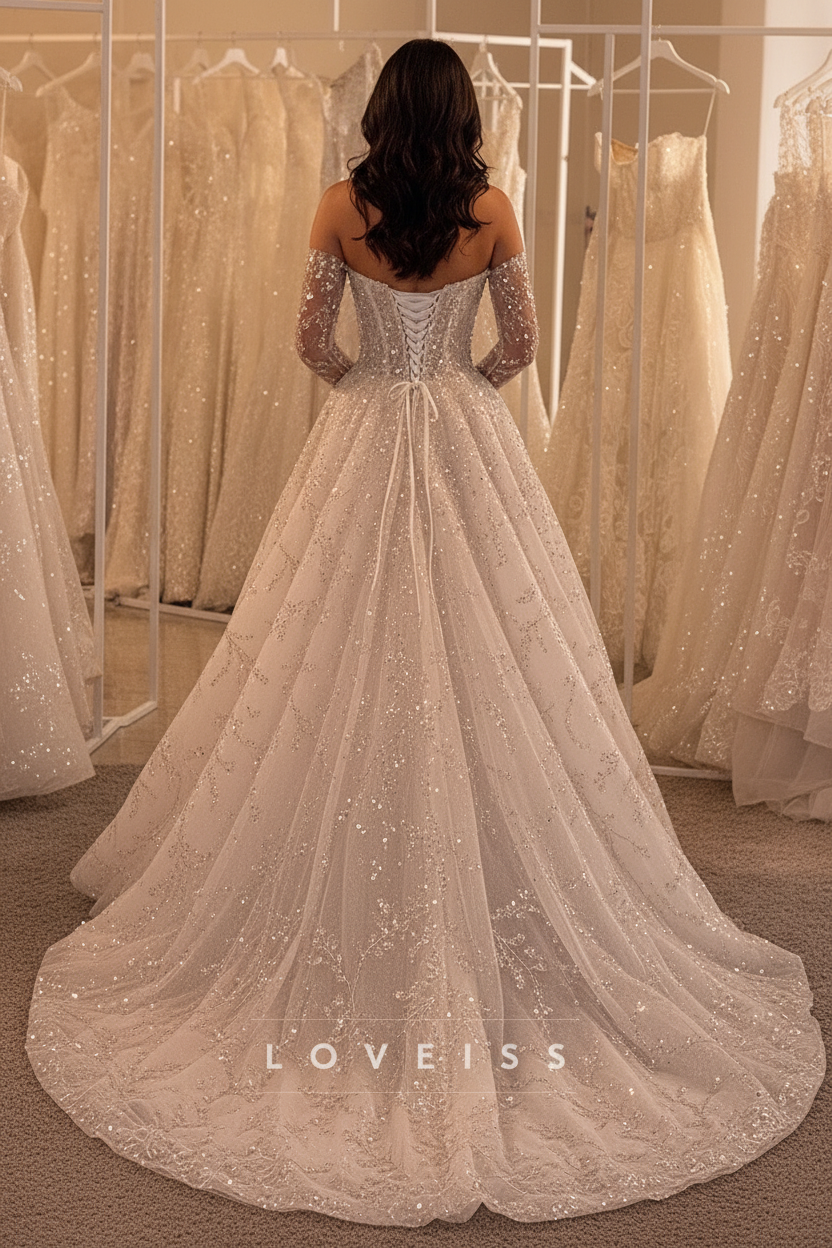 Sweetheart Long Sleeves Sequins Beaded Embroidery Sparkly A-Line Wedding Dress