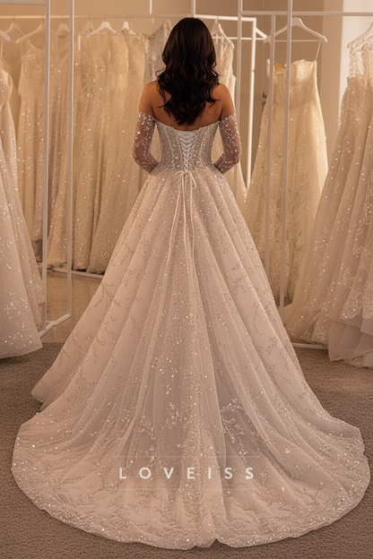 Sweetheart Long Sleeves Sequins Beaded Embroidery Sparkly A-Line Wedding Dress
