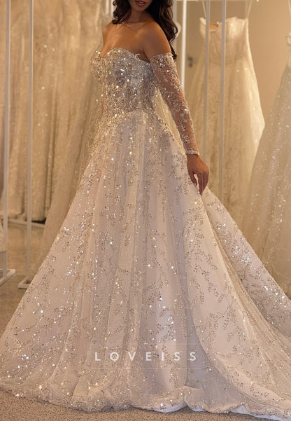 Sweetheart Long Sleeves Sequins Beaded Embroidery Sparkly A-Line Wedding Dress