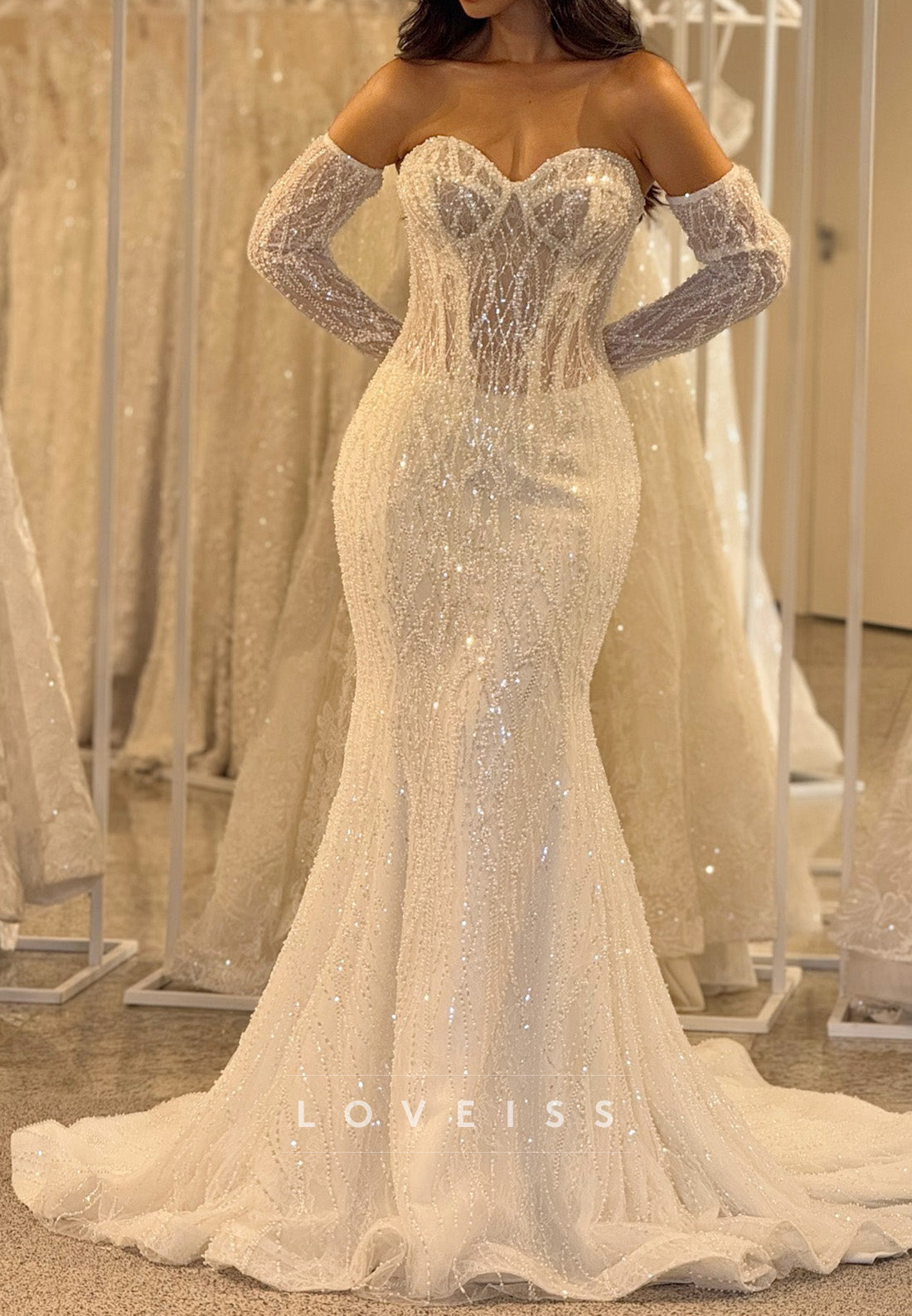 Sweetheart Long Sleeves Sequins Beaded Sparkly Mermaid Wedding Dress