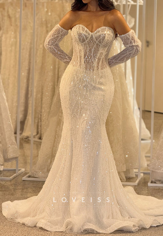 Sweetheart Long Sleeves Sequins Beaded Sparkly Mermaid Wedding Dress