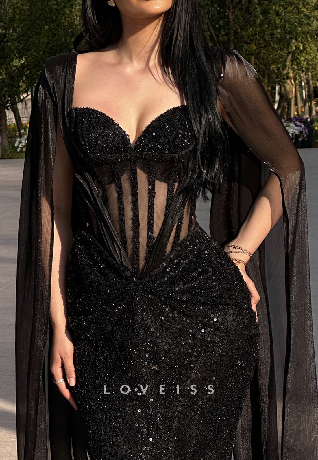 Sweetheart Long Sleeves Sequins Mermaid Evening Dress