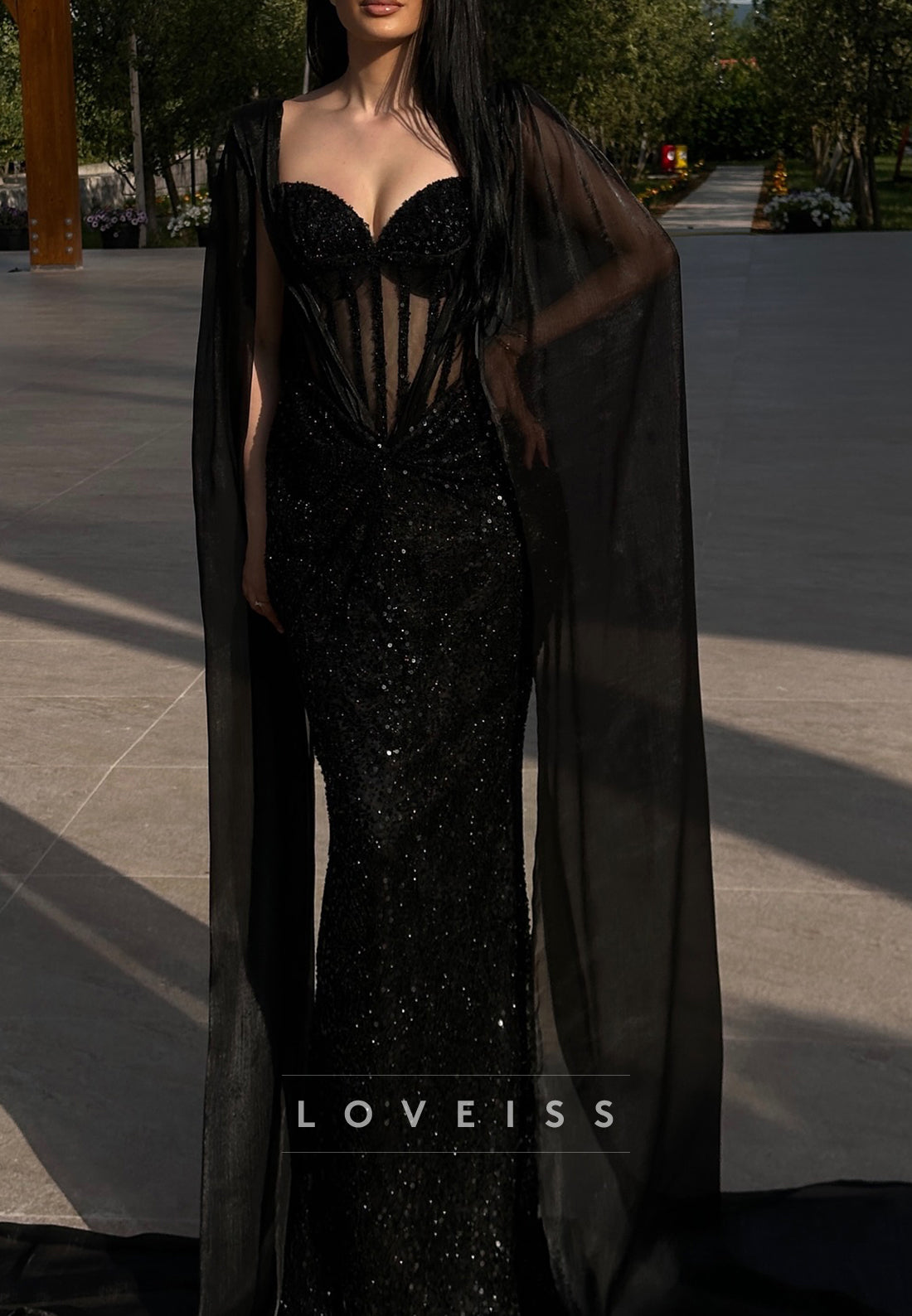 Sweetheart Long Sleeves Sequins Mermaid Evening Dress