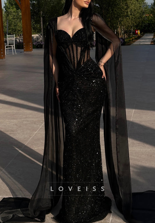 Sweetheart Long Sleeves Sequins Mermaid Evening Dress