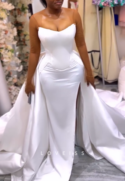 Sweetheart Long Tulle Sleeves Side Slit Mermaid Wedding Dress