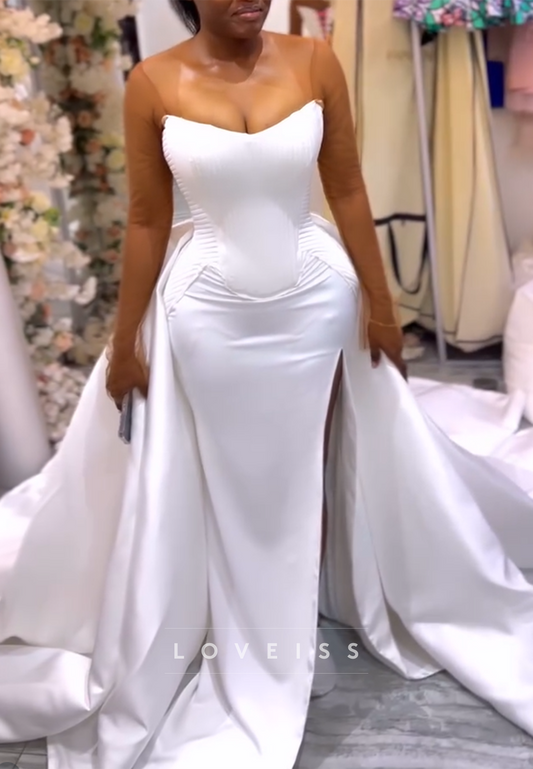 Sweetheart Long Tulle Sleeves Side Slit Mermaid Wedding Dress