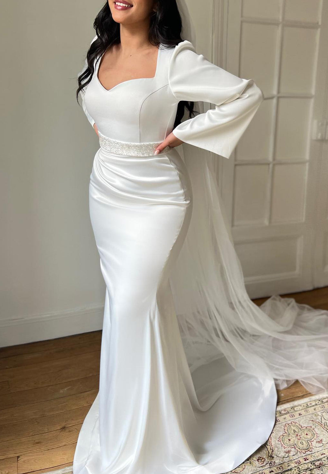 Sweetheart Long Sleeves Sleek Pleated Mermaid Wedding Dress