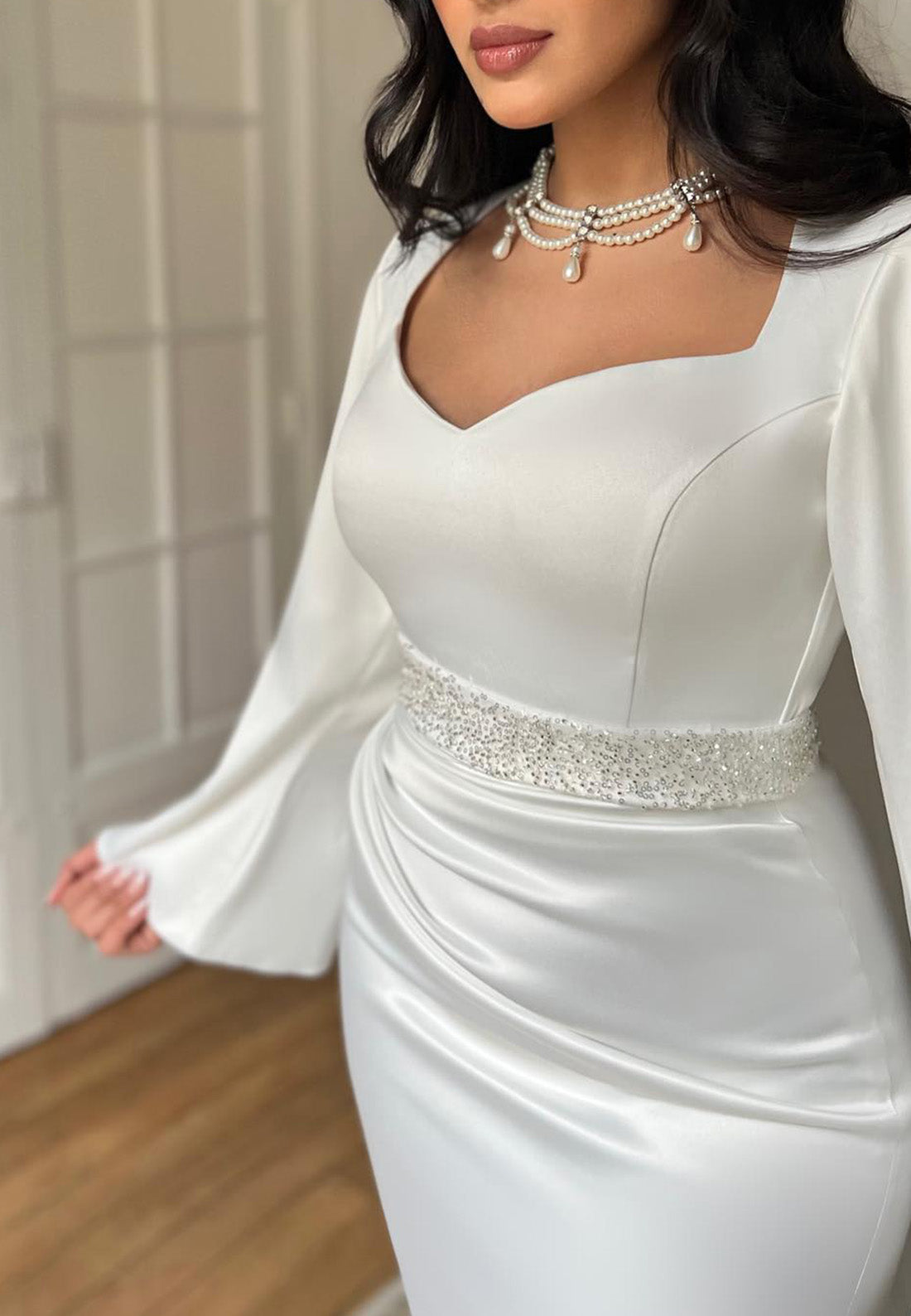 Sweetheart Long Sleeves Sleek Pleated Mermaid Wedding Dress