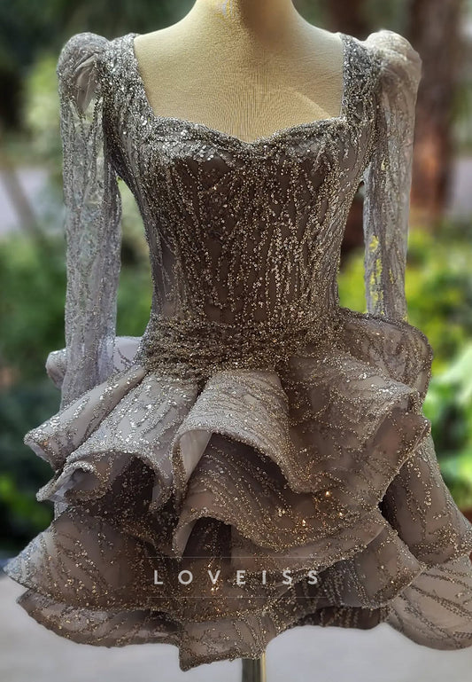 Sweetheart Long Sleeves Tiered Sequins A-Line Party Homecoming Dress