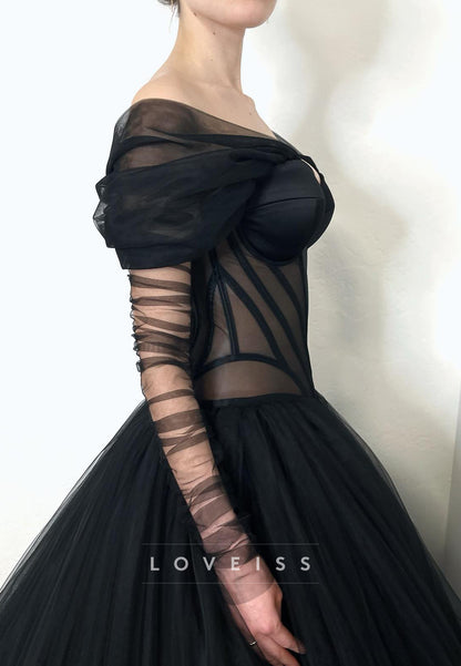 Sweetheart Long Sleeves Tulle Ball Gown Black Wedding Dress