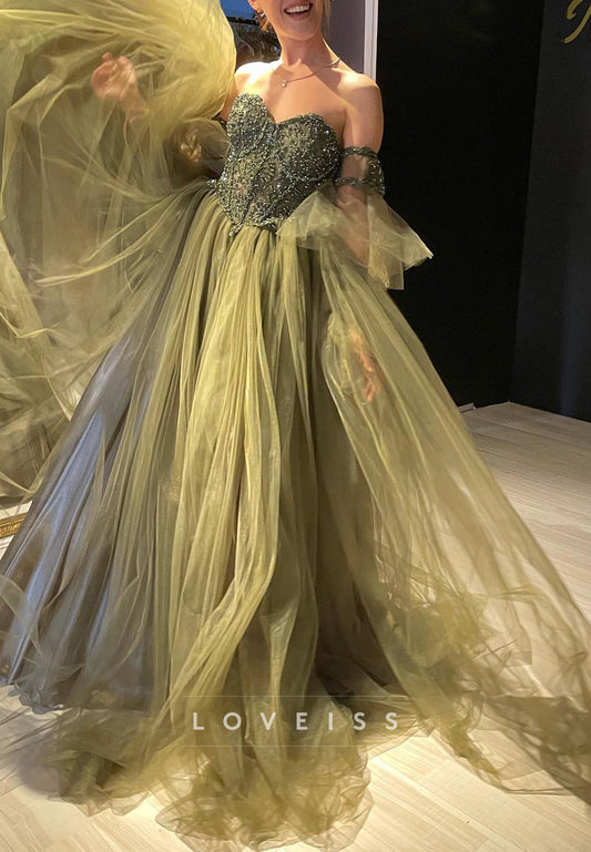 Sweetheart Long Sleeves Tulle Beaded A-Line Prom Dress