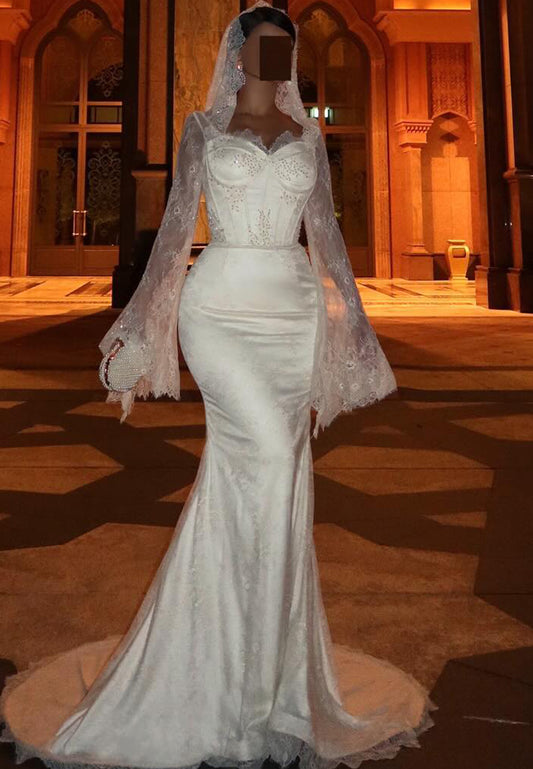 Sweetheart Long Sleevess Appliques Beaded Mermaid Evening Dress