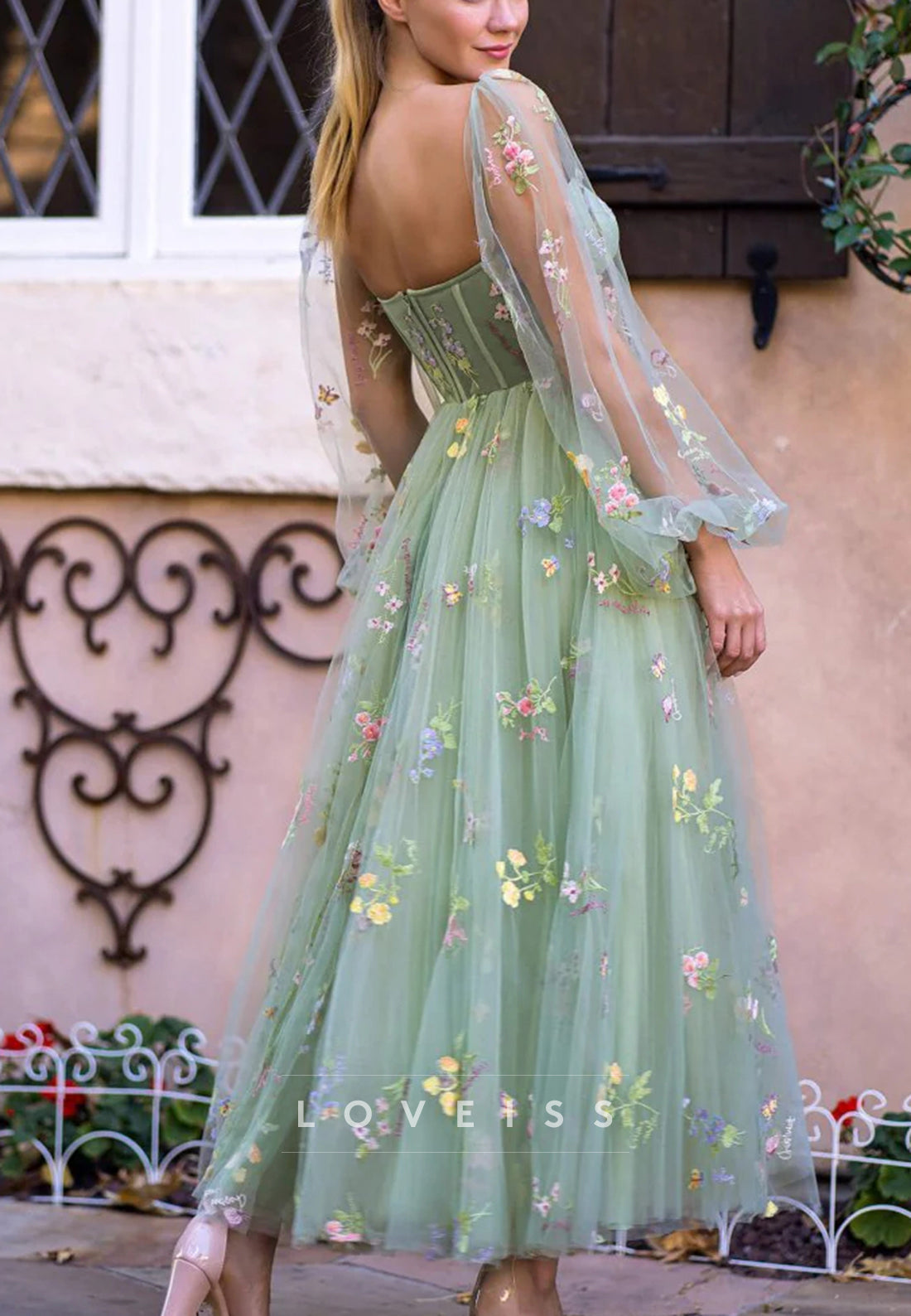 Sweetheart  Long Sleevess Tulle Floral Party Dress A-Line Prom Dress