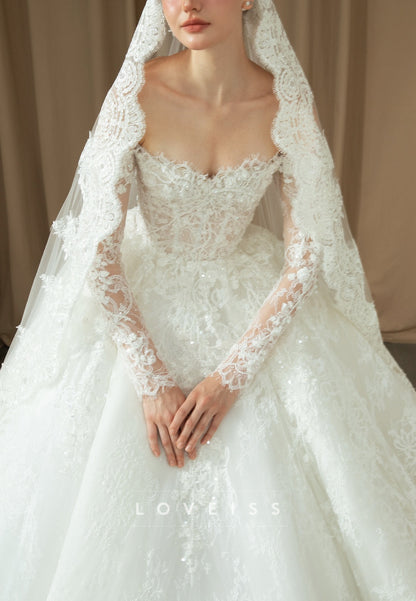 Sweetheart Long Tulle Sleeves Lace Appliques Bridal Gown