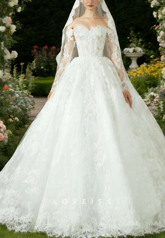 Sweetheart Long Tulle Sleeves Lace Appliques Bridal Gown